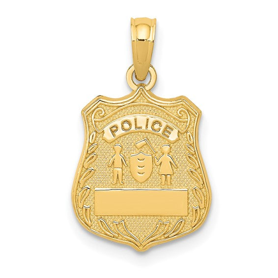 A 10K yellow gold police badge pendant with engravable text space, measuring 21mm x 12mm.
