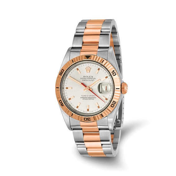 Swiss Crown™ USA Pre-owned Rolex-Independently Certified SS/Rose Gold Oyster DJ Silver Dial and 18k Turn-O-Graph Bezel