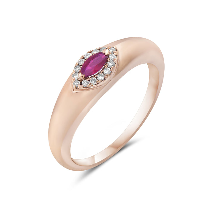 A 14K rose gold marquise ruby and diamond ring with a large central ruby surrounded by smaller diamond accents, set in a simple yet elegant band.