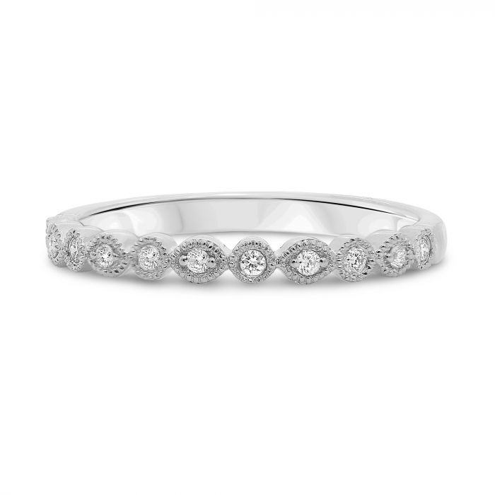 A 14K white gold band with round cut white diamonds set along the front.