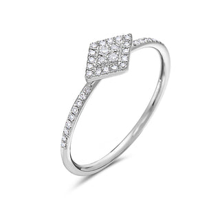A 14K white gold diamond ring with a clear, VS1-2 clarity, F/G color, and a very good cut. The ring has a band with a series of small diamonds set around the top edge.