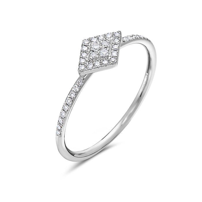 A 14K white gold diamond ring with a clear, VS1-2 clarity, F/G color, and a very good cut. The ring has a band with a series of small diamonds set around the top edge.