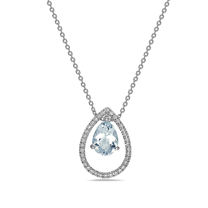 14K White Gold Aquamarine and Diamond Pendant, 18"