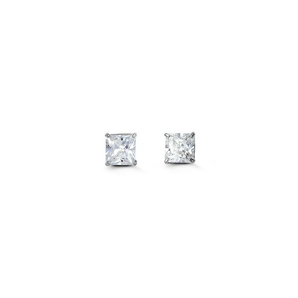 A pair of 14K white gold princess cut cubic zirconia earrings with a 4mm size.