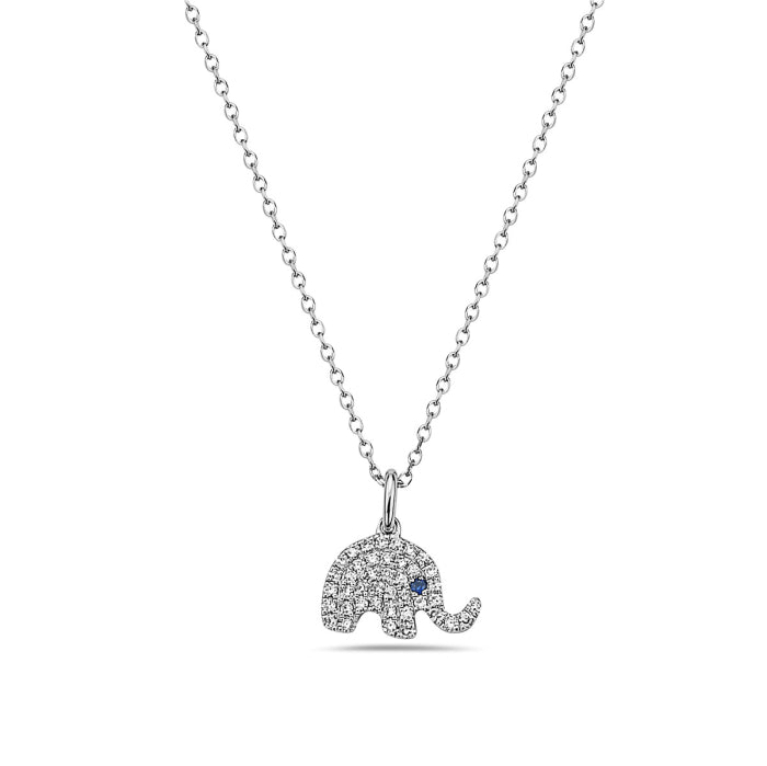 14K White Gold Sapphire and Diamond Elephant Necklace, 18"