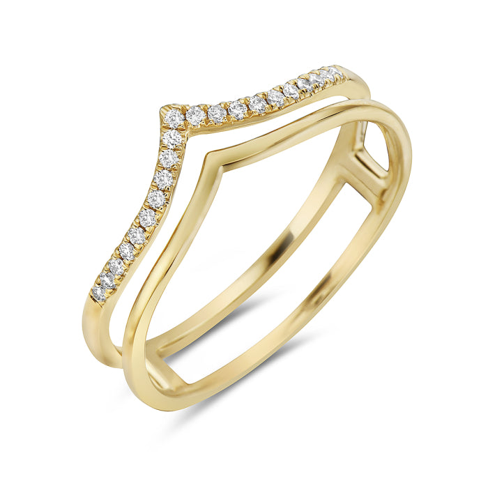 A 14K yellow gold chevron-shaped diamond ring with multiple stones set in a gold band.