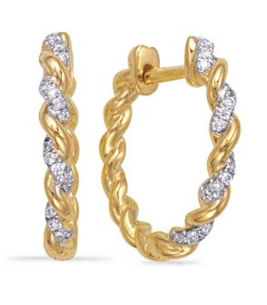 A pair of 14K yellow gold diamond hoop earrings with a white gold band and multiple diamond dangles.