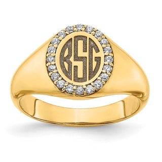 A 14K yellow gold men's monogram ring with a round diamond centerpiece and additional smaller diamonds set around the band.