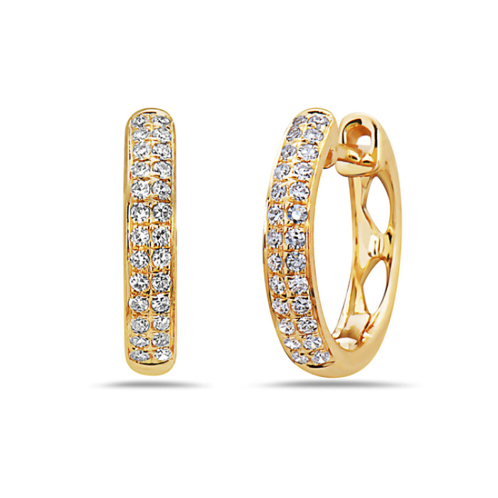 A pair of 14K yellow gold diamond hoop earrings with multiple diamonds set around the circumference.