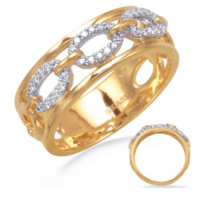 A 14K yellow gold ring with multiple diamonds set around its circumference, shown in two different views with one showing the top face with diamonds and the other showing the side profile.