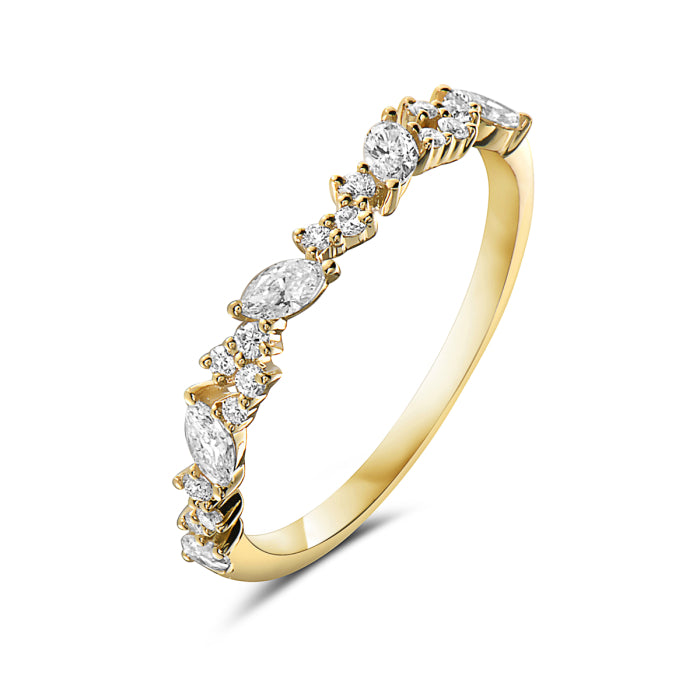 A 14K yellow gold diamond cluster ring with round-cut and marquise-cut diamonds set in a traditional six-prong setting.