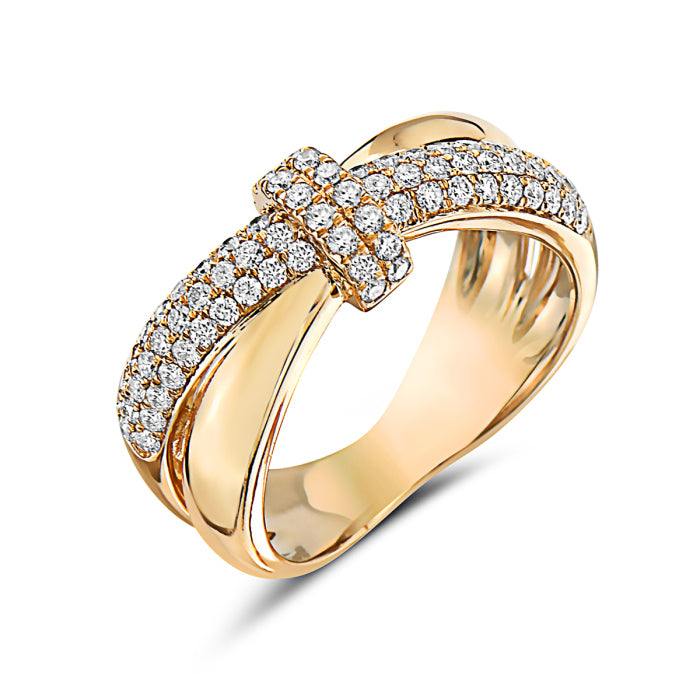 A 14K yellow gold criss-cross bow ring with multiple diamonds set in a white gold band.