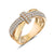A 14K yellow gold criss-cross bow ring with multiple diamonds set in a white gold band.