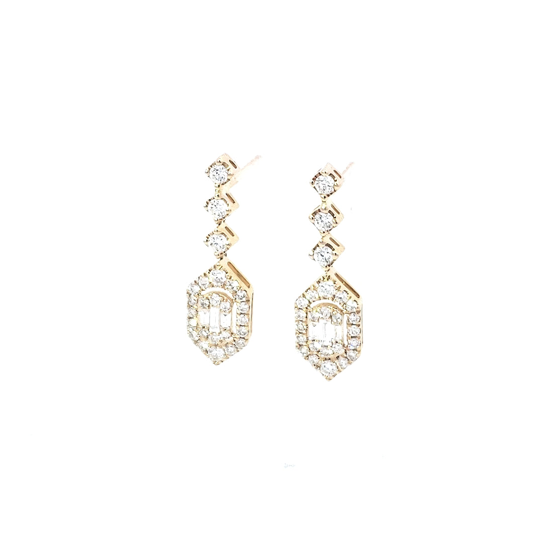 A pair of 14K yellow gold diamond earrings with a geometric pattern, featuring baguette and round cuts.