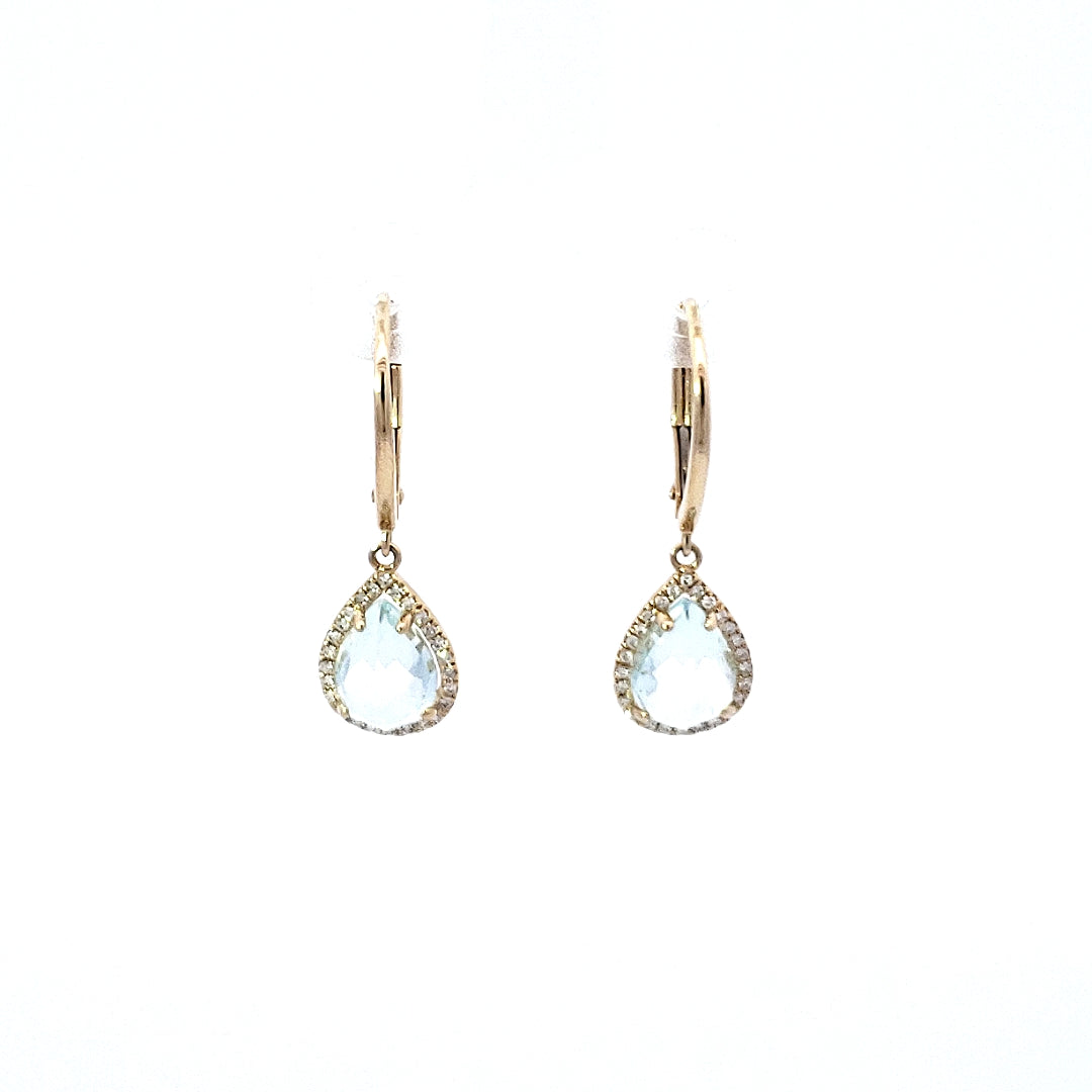 A pair of 14K yellow gold diamond and aquamarine earrings with a drop design.