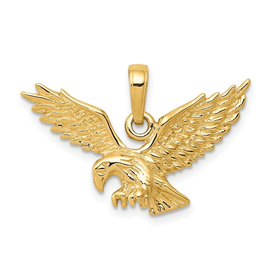 A 14K yellow gold polished eagle landing charm with a size of 26mm x 22mm.