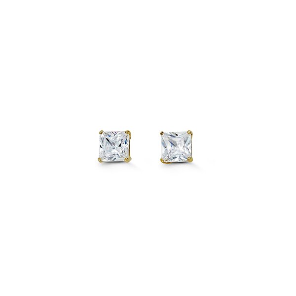 A pair of 14K yellow gold princess cut cubic zirconia earrings with a 4mm size.