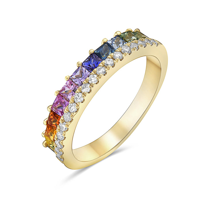 A 14K yellow gold ring with a rainbow sapphire and diamond inlay, set in a gold band.