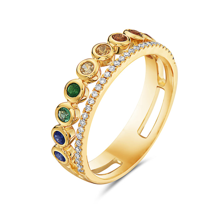 Anillo de diamantes y zafiro arcoíris de oro amarillo de 14 quilates
