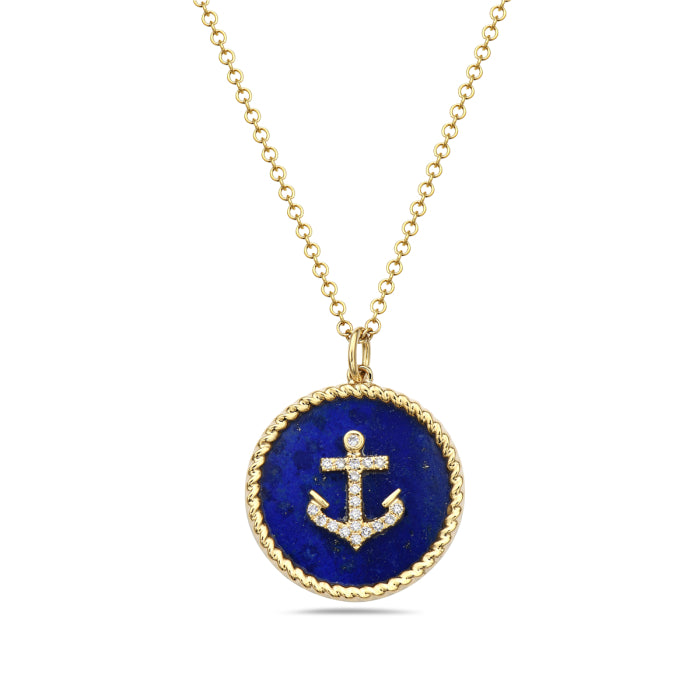 A 14K yellow gold necklace with a lapis lazuli anchor pendant and a smaller round diamond pendant on a chain.