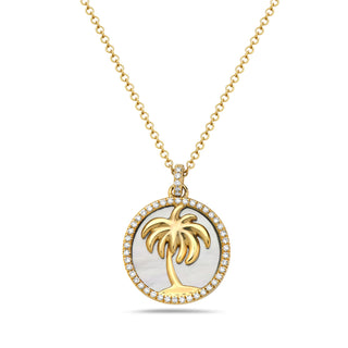 Collar de oro amarillo de 14 quilates y diamante de 0,11 quilates con palmera de nácar, 18 pulgadas