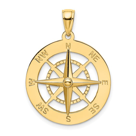 A 14K yellow gold nautical compass charm with a polished finish and directional indicators.