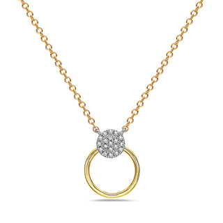A 14K yellow gold necklace with a white gold chain and a round pendant featuring a cluster of diamonds.