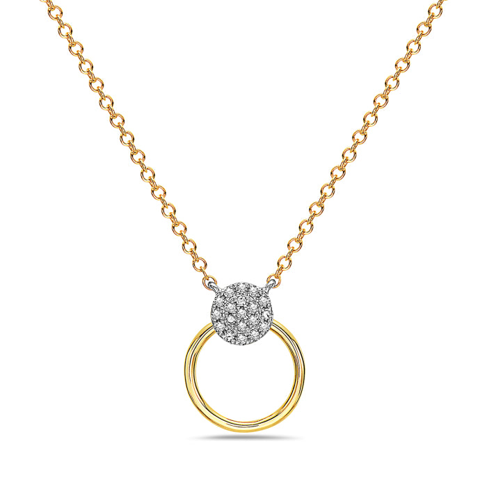 A 14K yellow gold necklace with a white gold chain and a round pendant featuring a cluster of diamonds.