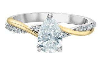 A 14K yellow and white gold engagement ring with a central pear-shaped lab grown diamond, surrounded by smaller round lab grown diamonds set in a classic six-prong setting.