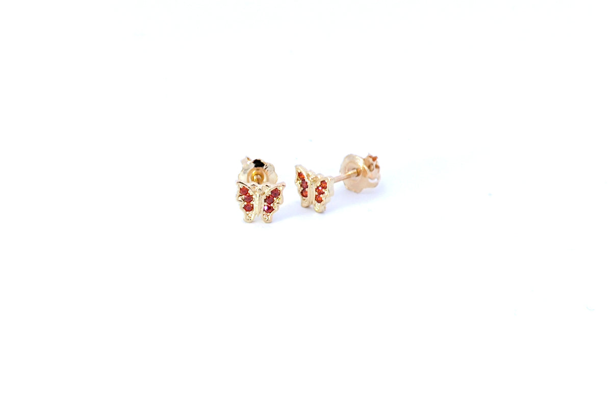 Aretes de mariposa con circonita cúbica roja y oro amarillo de 10 quilates con cierres de rosca, 4,6 x 5,6 mm