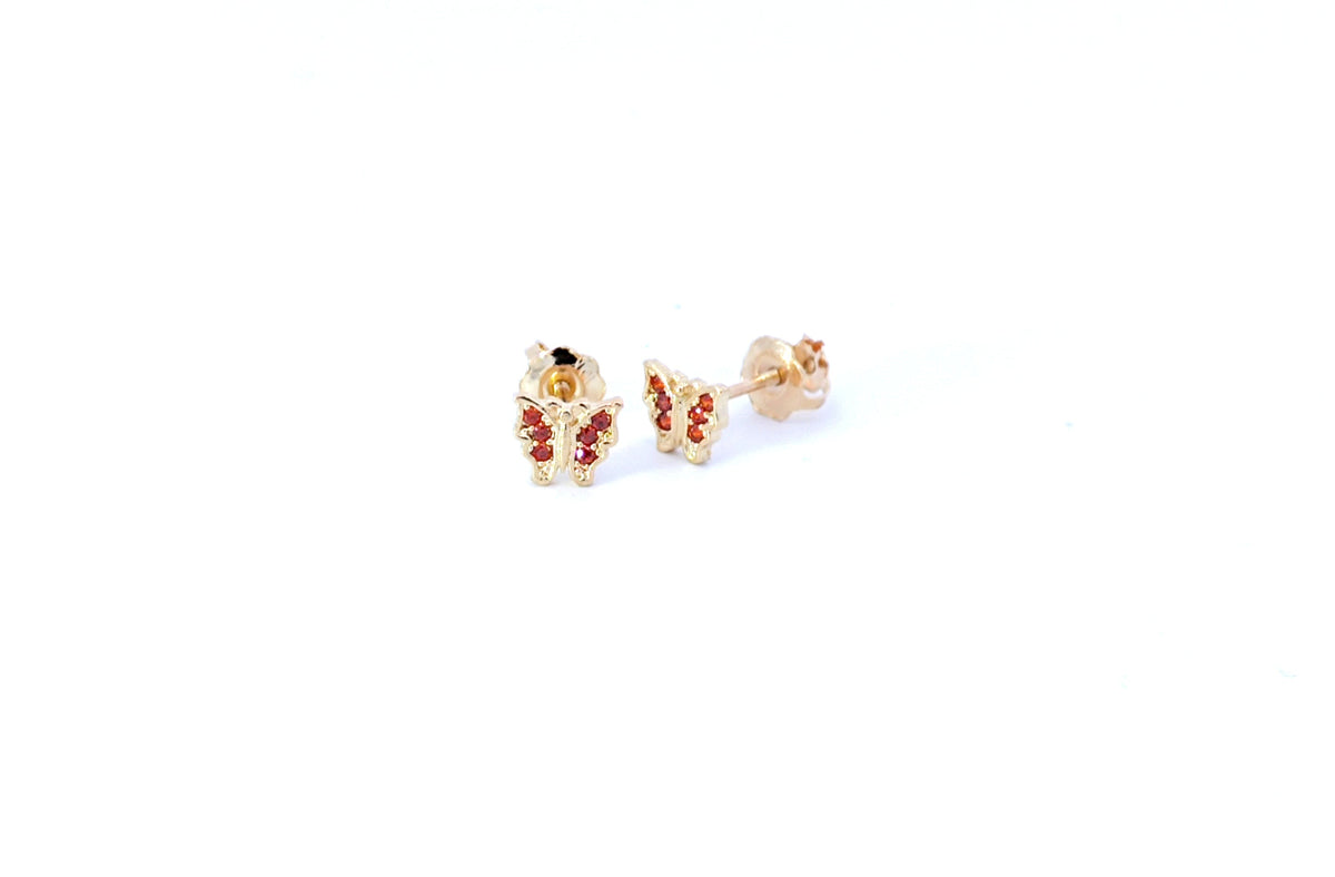 Seguimiento - Aretes de mariposa con circonita cúbica roja de oro amarillo de 10 quilates y cierres de rosca - 4,6 x 5,6 mm