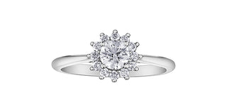 Anillo de compromiso con halo de diamantes canadienses de 0,58 quilates en oro blanco de 18 quilates y paladio