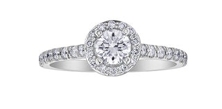 Anillo de compromiso con halo de diamantes canadienses de 0,75 quilates en oro blanco de 18 quilates y paladio
