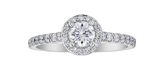 Anillo de compromiso con halo de diamantes canadienses de 1,00 quilates en oro blanco de 18 quilates y paladio