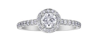 Anillo de compromiso con halo de diamantes canadienses de 1,25 quilates en oro blanco de 18 quilates y paladio