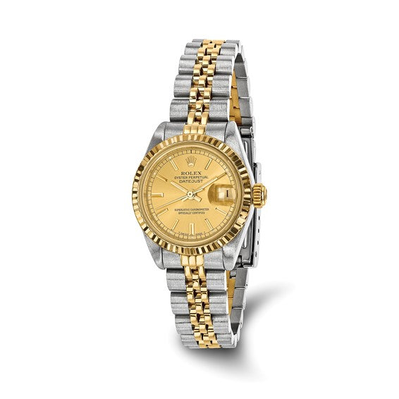 Swiss Crown™ USA Pre-owned Rolex-Independently Certified Steel and 18k 26mm Jubilee Datejust Champagne Dial and Fluted Bezel Watch