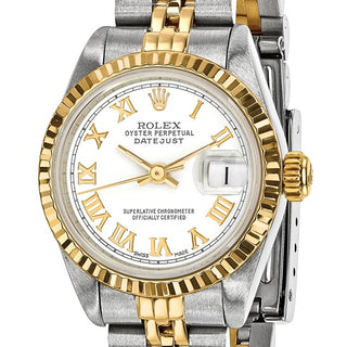 Swiss Crown™ USA Pre-owned Rolex-Independently Certified Steel and 18k 26mm Jubilee Datejust White Dial and Fluted Bezel Watch