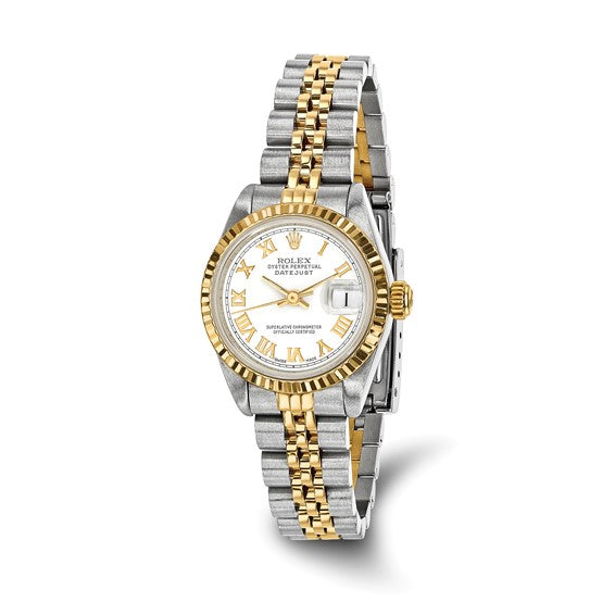 Swiss Crown™ USA Pre-owned Rolex-Independently Certified Steel and 18k 26mm Jubilee Datejust White Dial and Fluted Bezel Watch