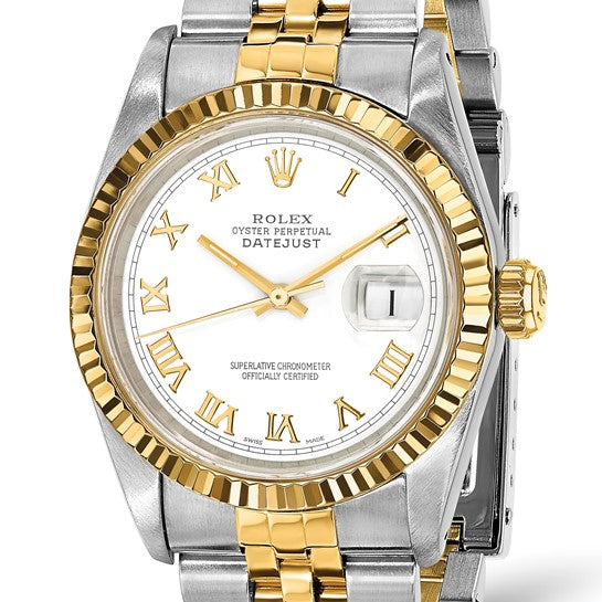 Rolex de segunda mano de Swiss Crown™ EE. UU. Reloj Rolex de segunda mano certificado independientemente de acero y reloj Jubilee Datejust de 18k y 31 mm con esfera blanca y bisel estriado 