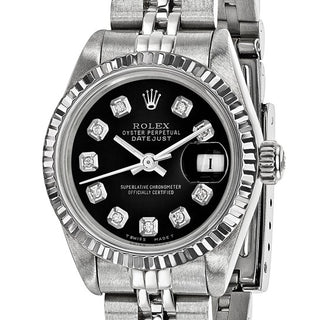 Swiss Crown™ USA Pre-owned Rolex-Independently Certified Steel 26mm Jubilee Datejust Black Diamond Dial and 18k Fluted Bezel Watch