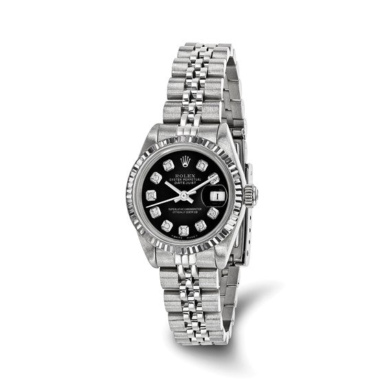 Swiss Crown™ USA Pre-owned Rolex-Independently Certified Steel 26mm Jubilee Datejust Black Diamond Dial and 18k Fluted Bezel Watch