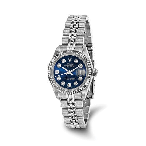 Reloj Rolex Swiss Crown™ de segunda mano de acero con certificación independiente de EE. UU., 26 mm, esfera de diamantes azules Jubilee Datejust y bisel estriado de 18 k