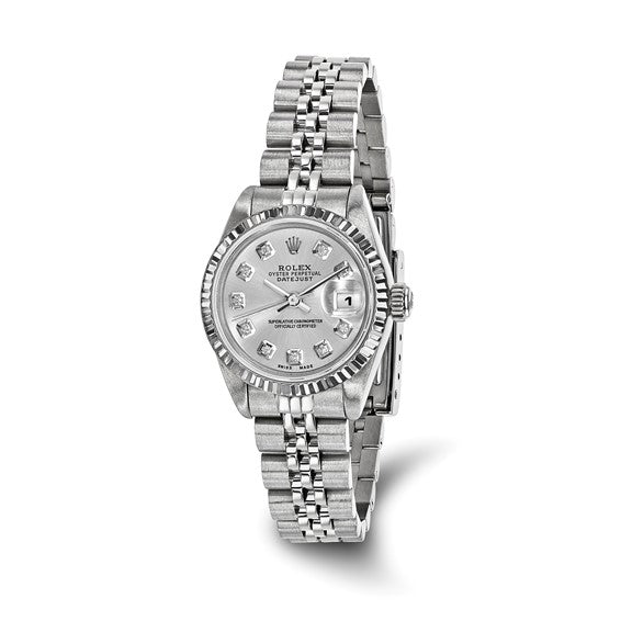 Swiss Crown™ USA Pre-owned Rolex-Independently Certified Steel 26mm Jubilee Datejust Silver Diamond Dial and 18k Fluted Bezel Watch