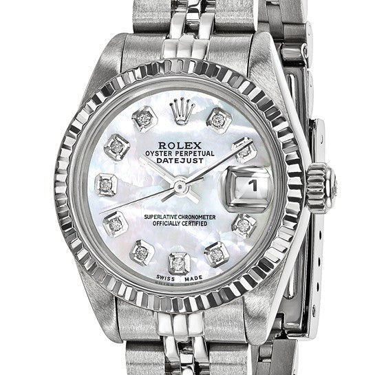 Reloj Rolex by Swiss Crown™ de segunda mano con certificación independiente de acero Rolex de 26 mm Jubilee Datejust con esfera de nácar y diamantes y bisel estriado de 18k 