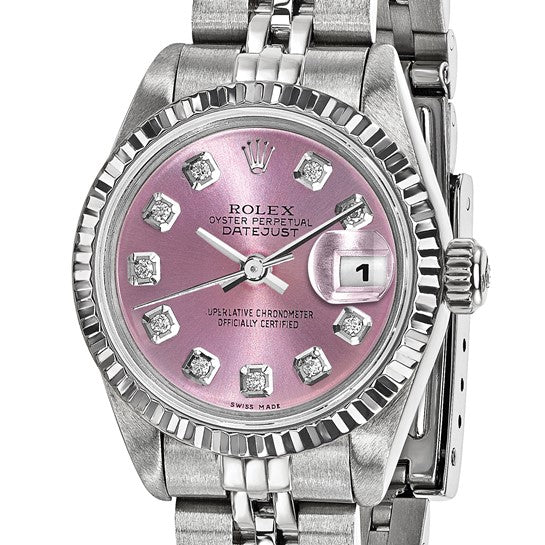 Reloj Rolex by Swiss Crown™ de segunda mano con certificación independiente en EE. UU. de acero Rolex Jubilee Datejust de 26 mm con esfera de diamantes rosa y bisel estriado de 18k 