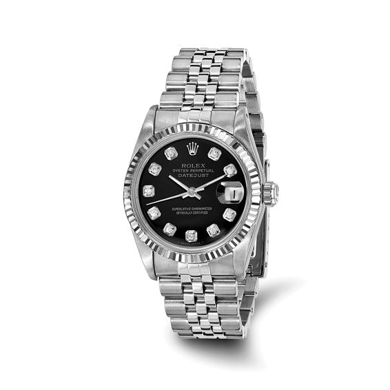 Swiss Crown™ USA Pre-owned Rolex-Independently Certified SS Datejust Jubilee With BLACK Diamond Dial and 18k Bezel