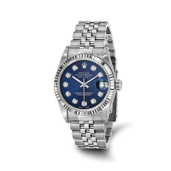 Swiss Crown™ USA Pre-owned Rolex-Independently Certified SS Datejust Jubilee With BLUE Diamond Dial and 18k Bezel