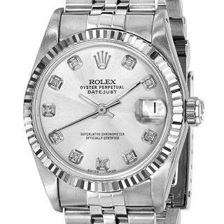 Swiss Crown™ USA Pre-owned Rolex-Independently Certified Steel 31mm Jubilee Datejust Silver Diamond Dial and 18k Fluted Bezel Watch