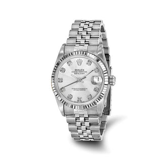 Swiss Crown™ USA Pre-owned Rolex-Independently Certified Steel 31mm Jubilee Datejust Silver Diamond Dial and 18k Fluted Bezel Watch