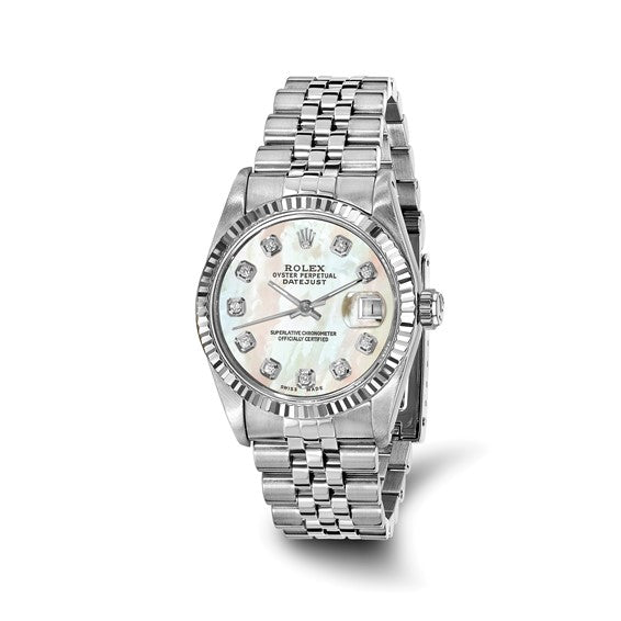 Swiss Crown™ USA Pre-owned Rolex-Independently Certified Steel 31mm Jubilee Datejust Mother of Pearl Diamond Dial and 18k Fluted Bezel Watch